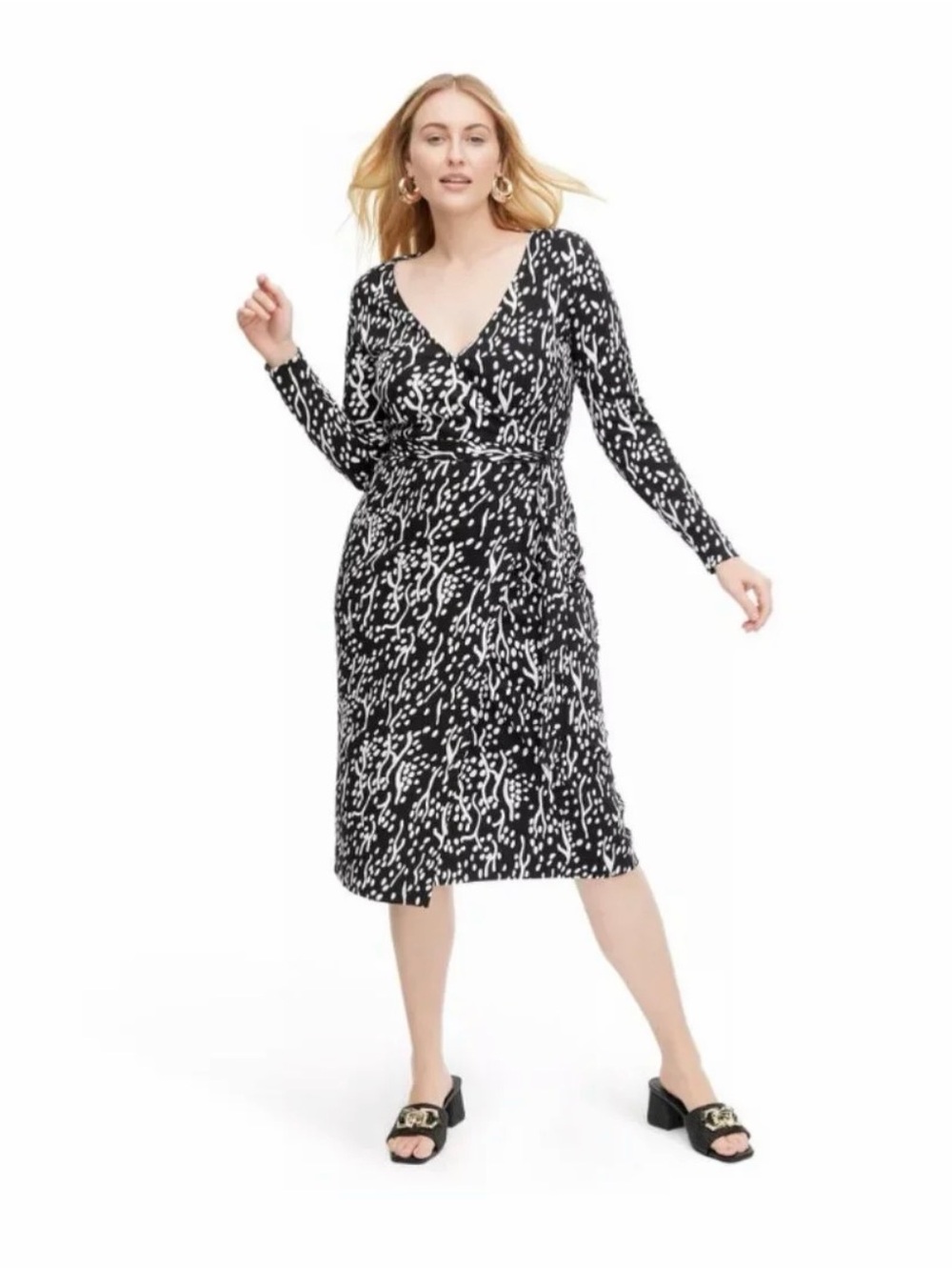Diane Von Furstenberg Black & White Long Sleeve Wrap Dress